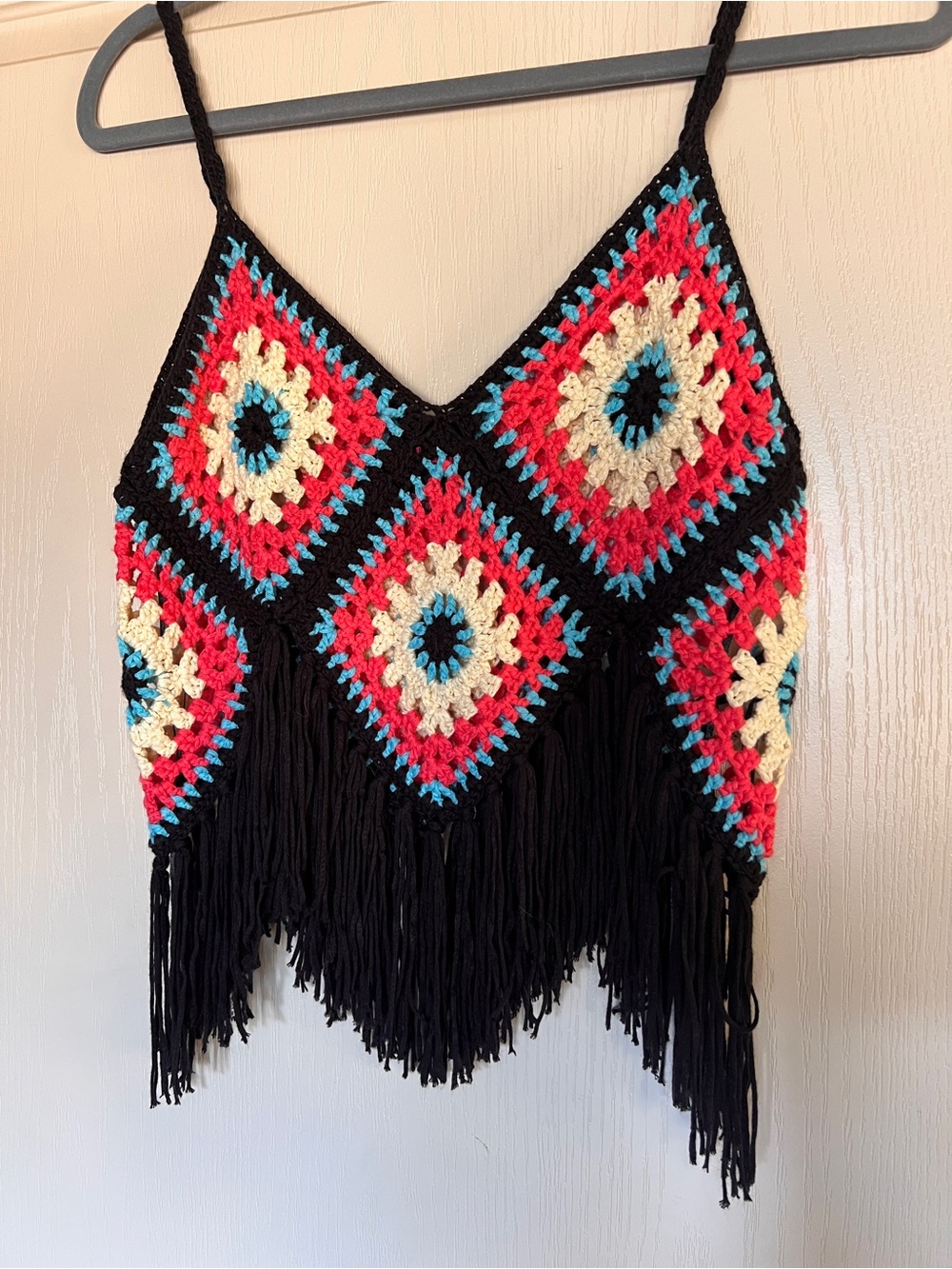 Boho Crochet Fringe Tank Top - Black with Red, Cream & Blue Accents